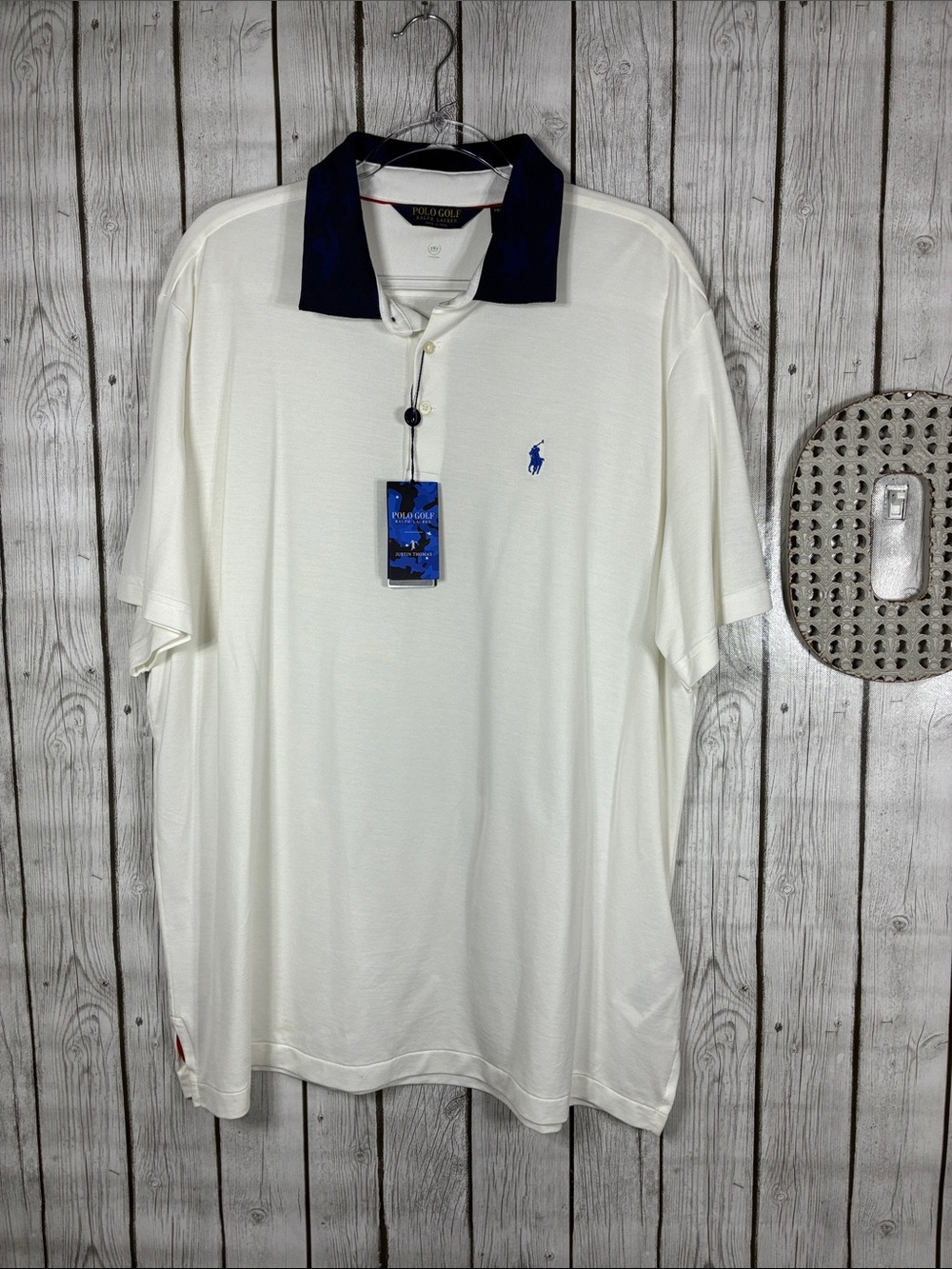 Ralph Lauren Golf White Polo with Navy Collar and Blue Pony Size XXL